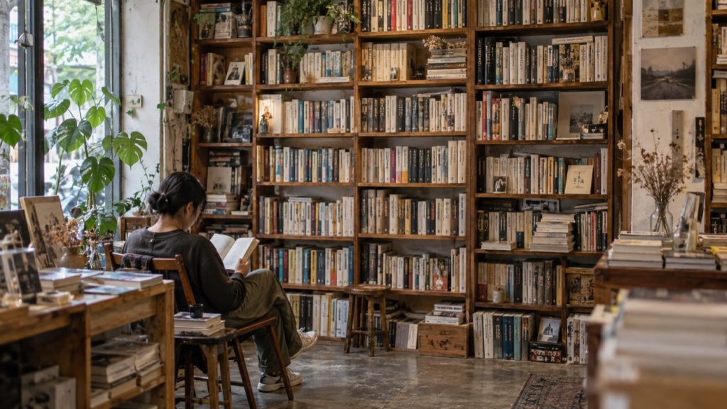 一位讀者坐在書牆前安靜閱讀，窗邊自然光映入獨立書店